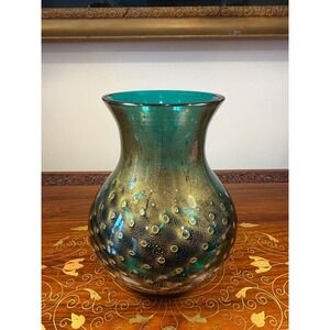 Signed Barbini Murano Art Glass Vase Emerald Green Gold Aventurine Bullicante 7"